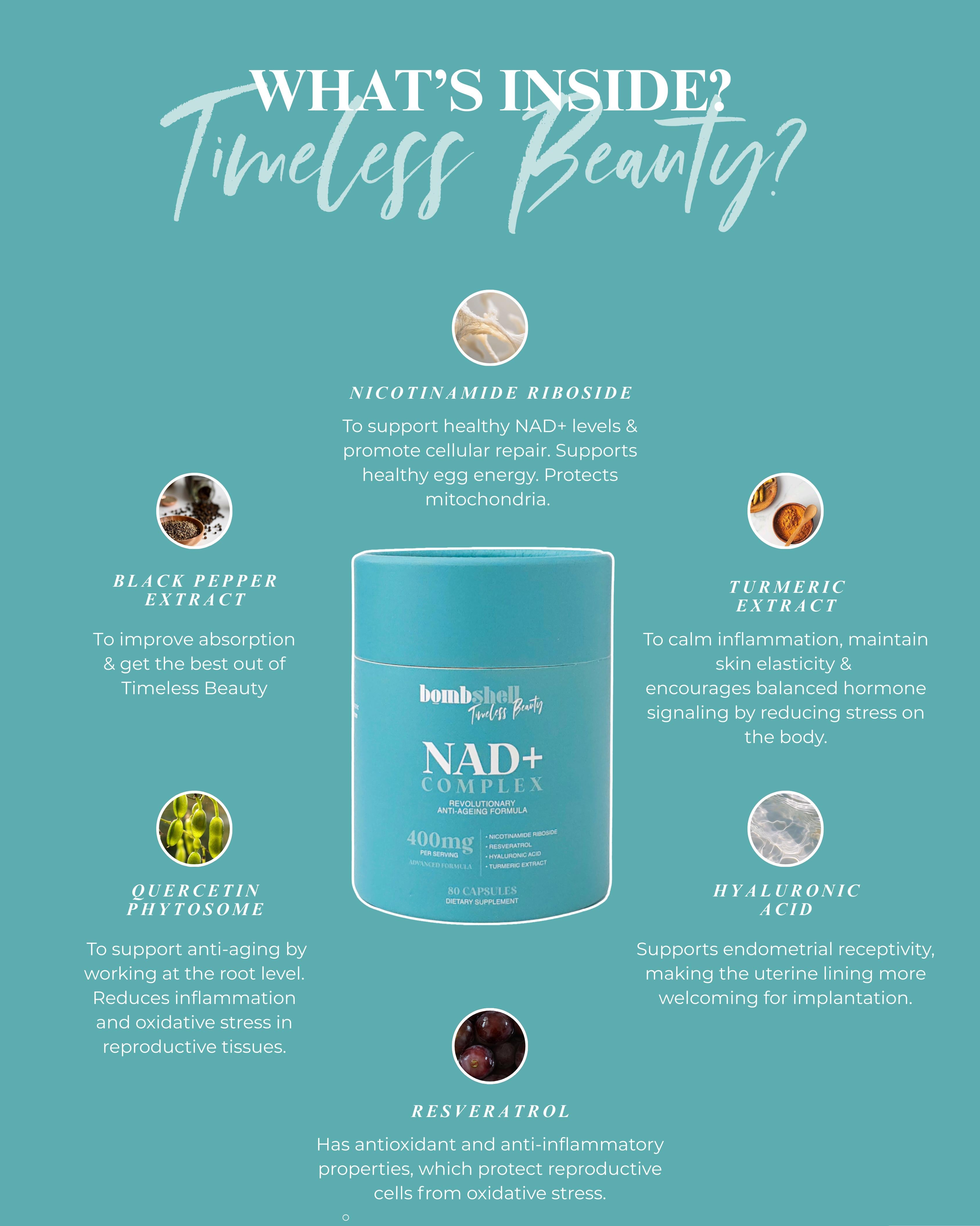 NAD+ Complex: Nicotinamide Riboside, Resveratrol, Hyaluronic Acid & Turmeric Extract - 40 Day Supply